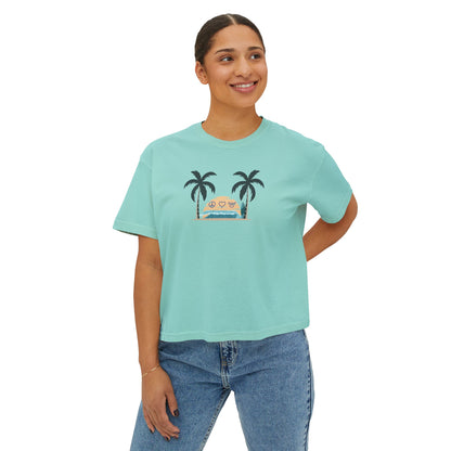Women’s Boxy Tee — Retro Sunset Surf Van with Palm Trees (Beach Vibe)