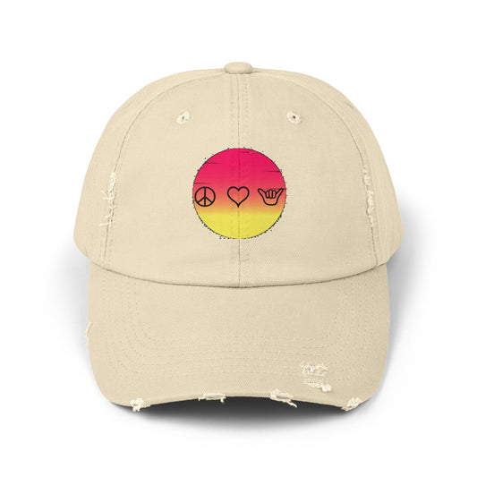 Distressed Sun Peace‑Love‑Shaka Hat – Vintage Beach Cap