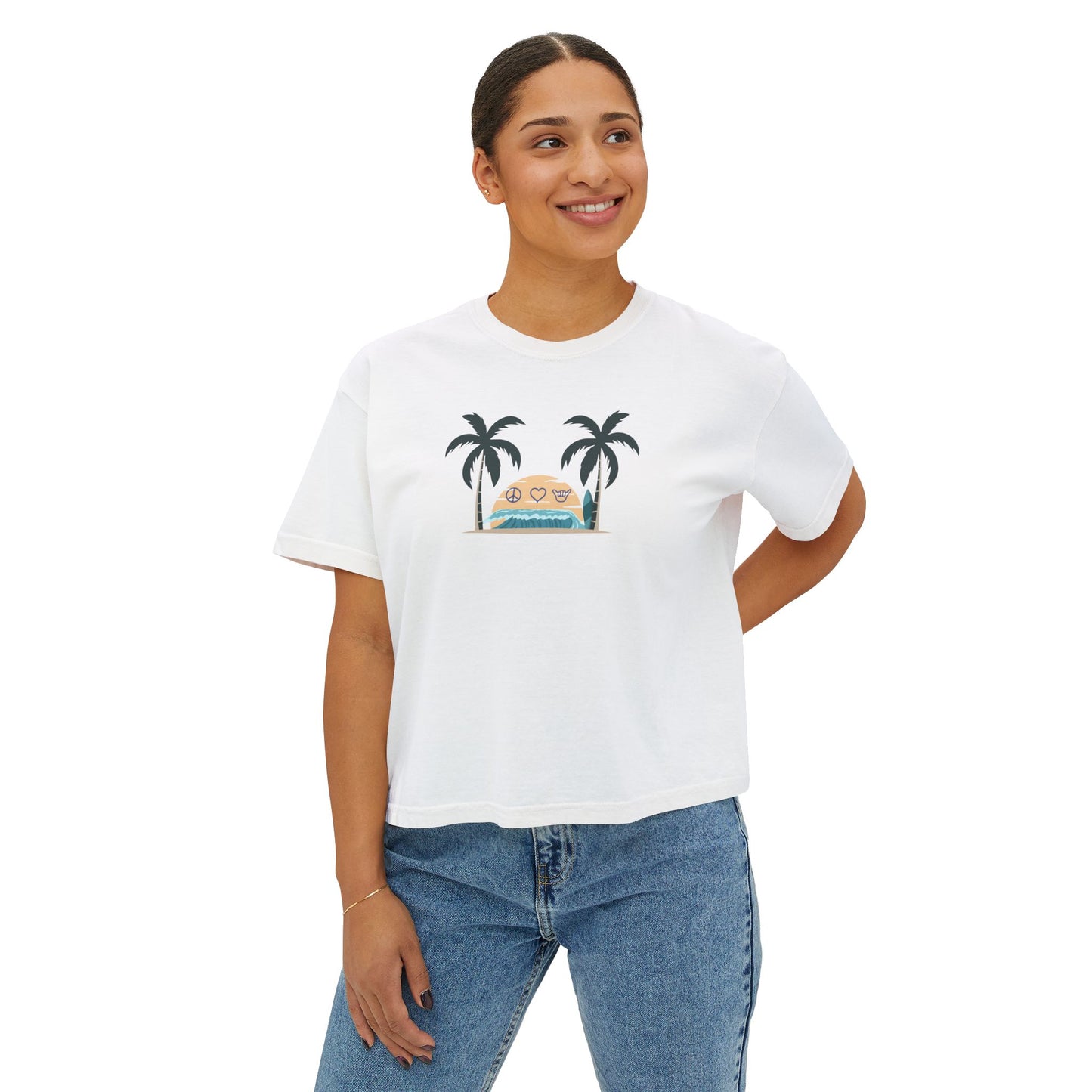 Women’s Boxy Tee — Retro Sunset Surf Van with Palm Trees (Beach Vibe)