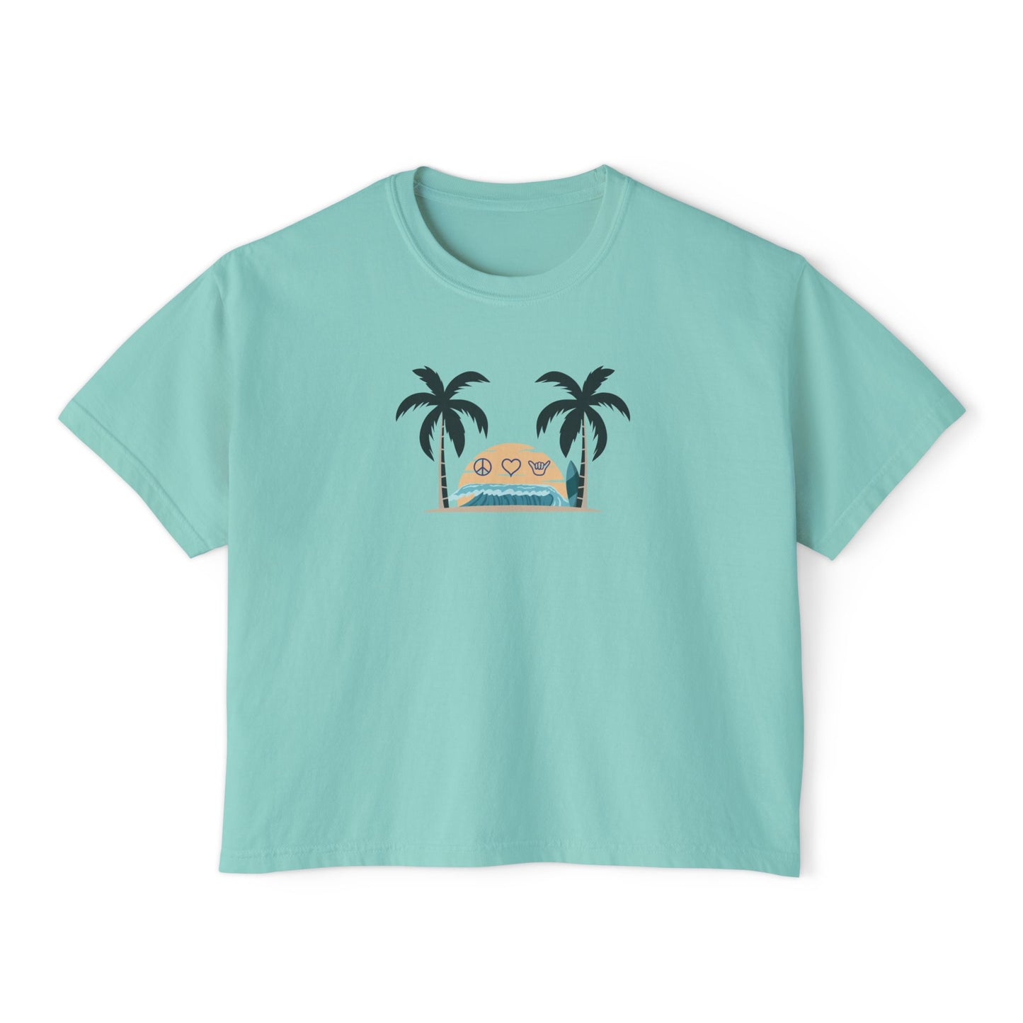 Women’s Boxy Tee — Retro Sunset Surf Van with Palm Trees (Beach Vibe)