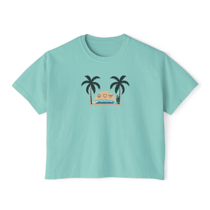 Women’s Boxy Tee — Retro Sunset Surf Van with Palm Trees (Beach Vibe)