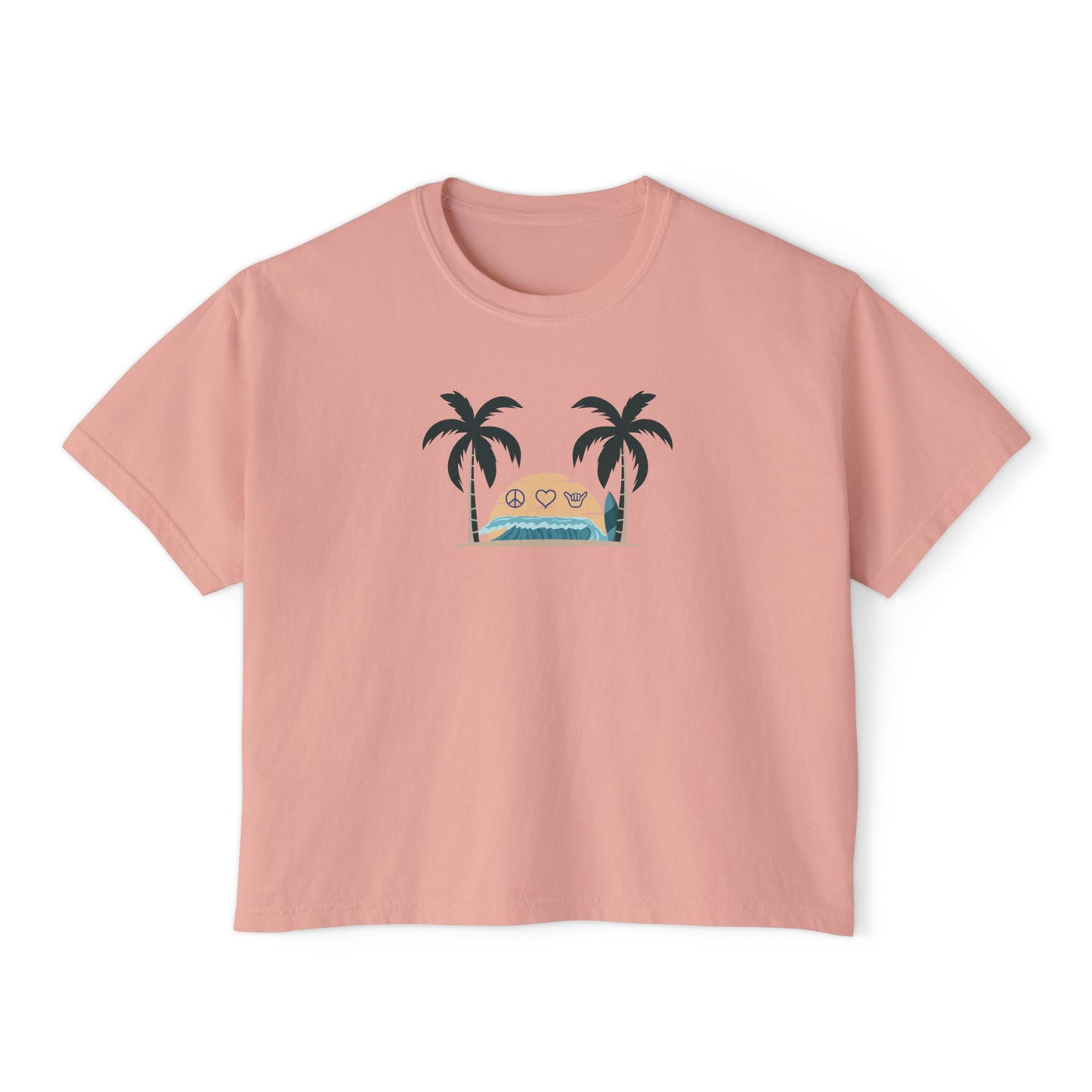 Women’s Boxy Tee — Retro Sunset Surf Van with Palm Trees (Beach Vibe)