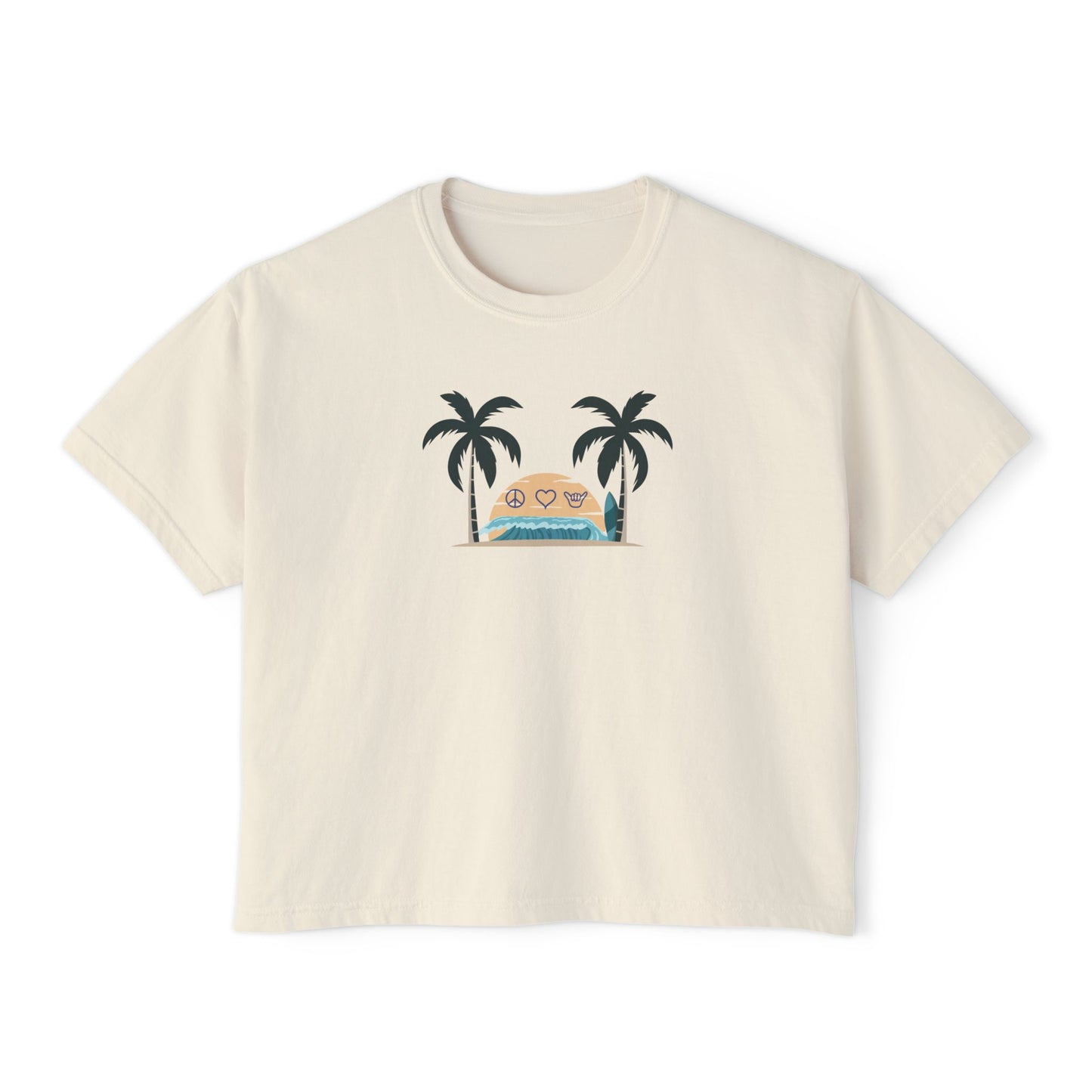 Women’s Boxy Tee — Retro Sunset Surf Van with Palm Trees (Beach Vibe)