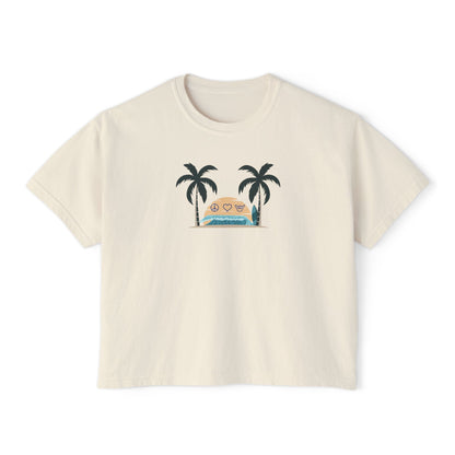 Women’s Boxy Tee — Retro Sunset Surf Van with Palm Trees (Beach Vibe)