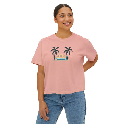 Women’s Boxy Tee — Retro Sunset Surf Van with Palm Trees (Beach Vibe)