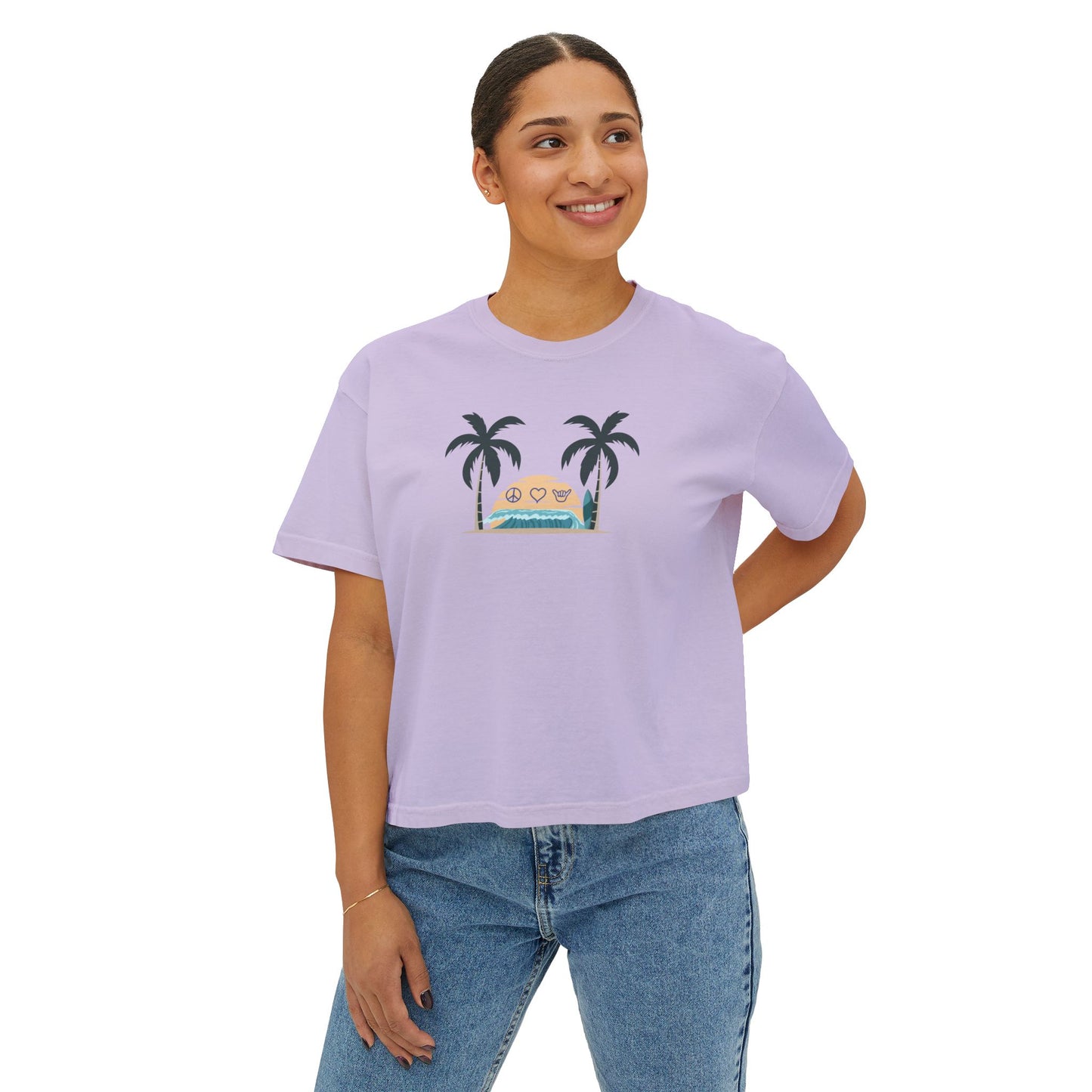 Women’s Boxy Tee — Retro Sunset Surf Van with Palm Trees (Beach Vibe)