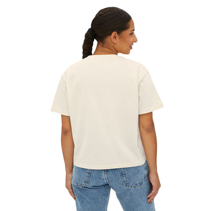 Women’s Boxy Tee — Retro Sunset Surf Van with Palm Trees (Beach Vibe)
