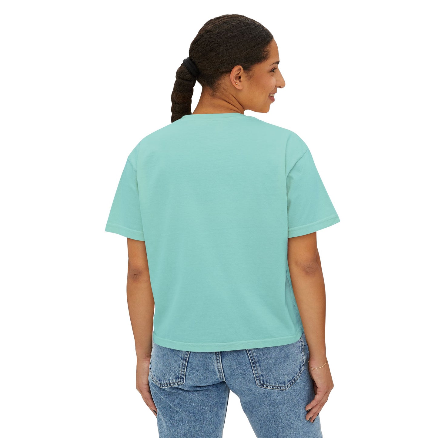 Women’s Boxy Tee — Retro Sunset Surf Van with Palm Trees (Beach Vibe)