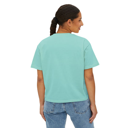 Women’s Boxy Tee — Retro Sunset Surf Van with Palm Trees (Beach Vibe)