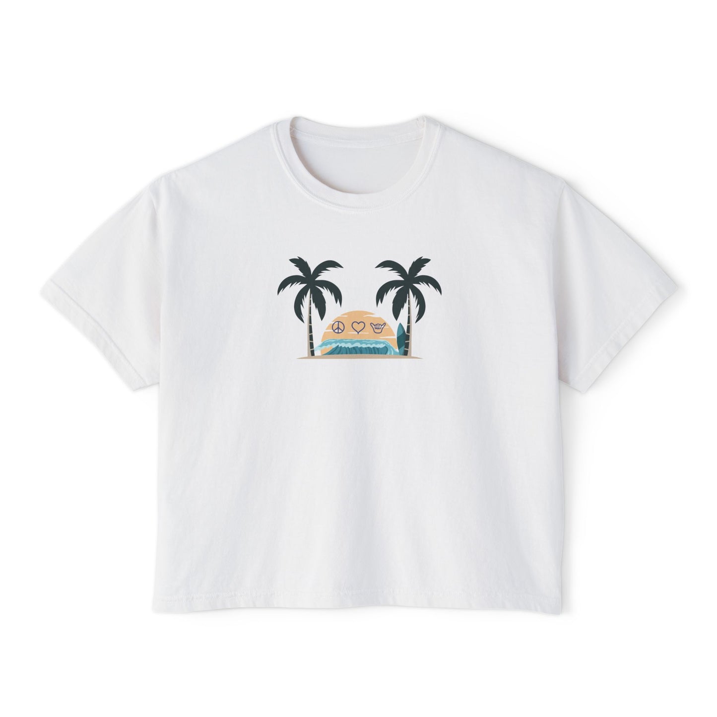 Women’s Boxy Tee — Retro Sunset Surf Van with Palm Trees (Beach Vibe)