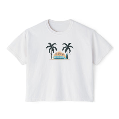 Women’s Boxy Tee — Retro Sunset Surf Van with Palm Trees (Beach Vibe)