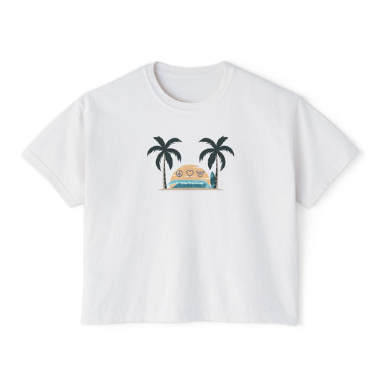 Women’s Boxy Tee — Retro Sunset Surf Van with Palm Trees (Beach Vibe)