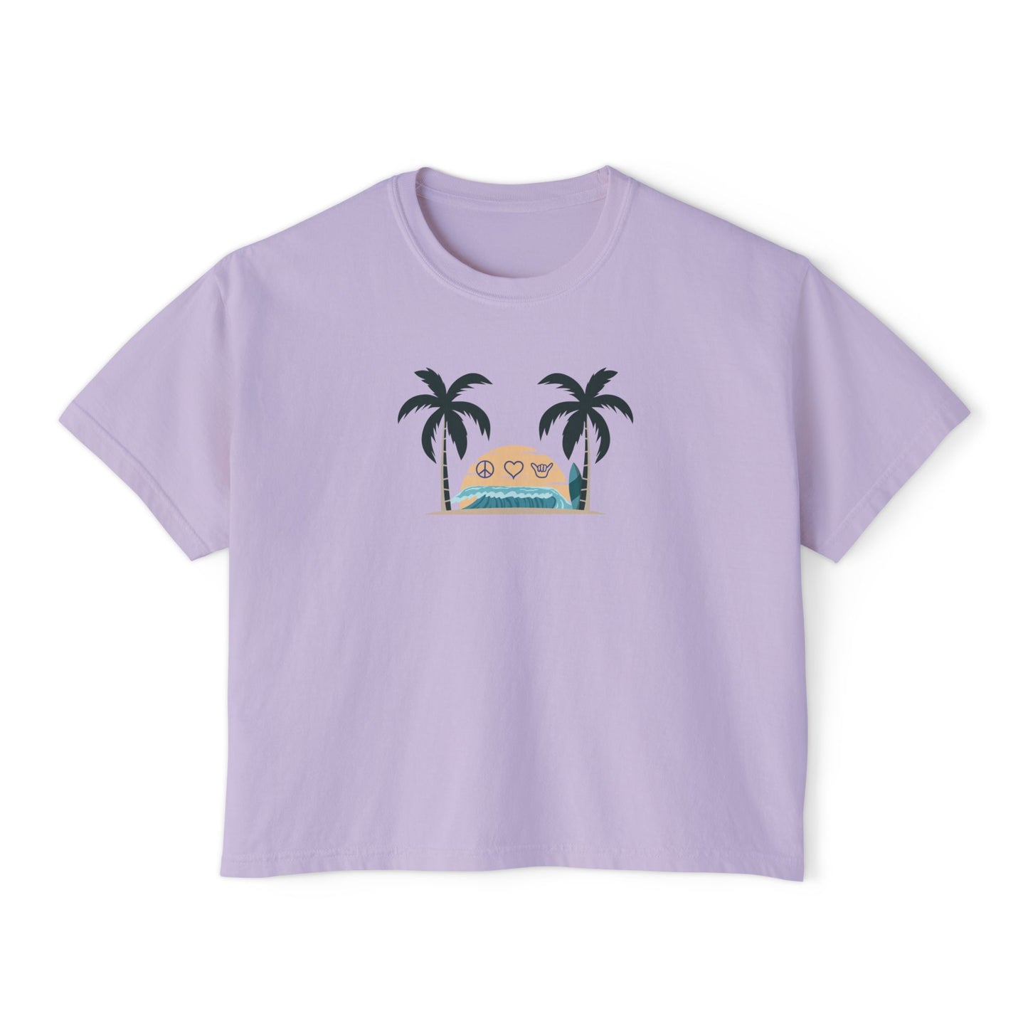 Women’s Boxy Tee — Retro Sunset Surf Van with Palm Trees (Beach Vibe)