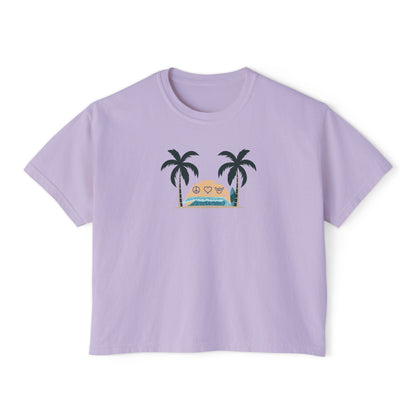 Women’s Boxy Tee — Retro Sunset Surf Van with Palm Trees (Beach Vibe)
